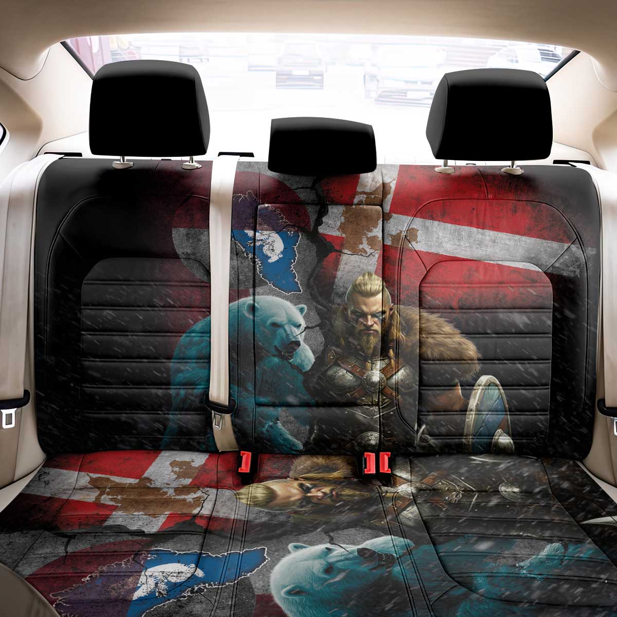 Greenlandic and Danish Together Back Car Seat Cover Polar Warrior Vikings with National Flag Grunge Style - Wonder Print Shop