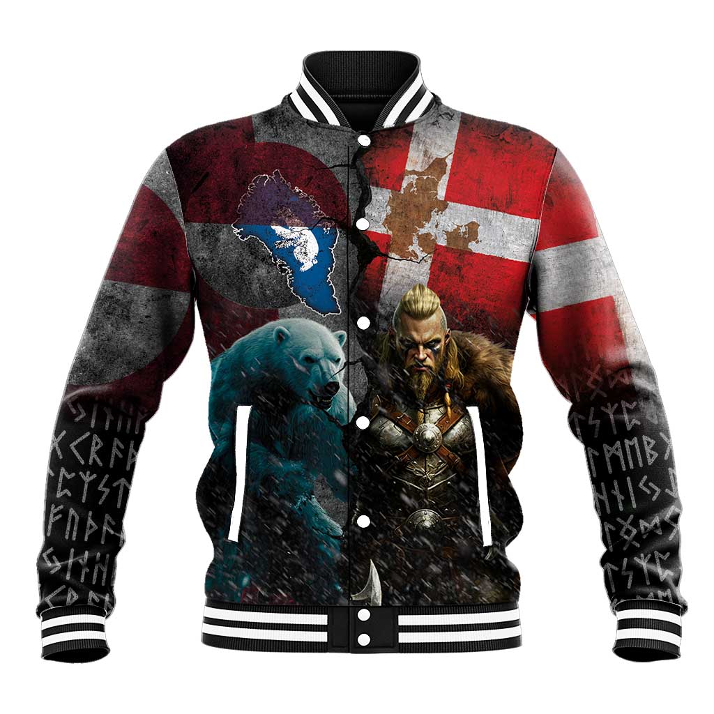 Greenlandic and Danish Together Baseball Jacket Polar Warrior Vikings with National Flag Grunge Style - Wonder Print Shop