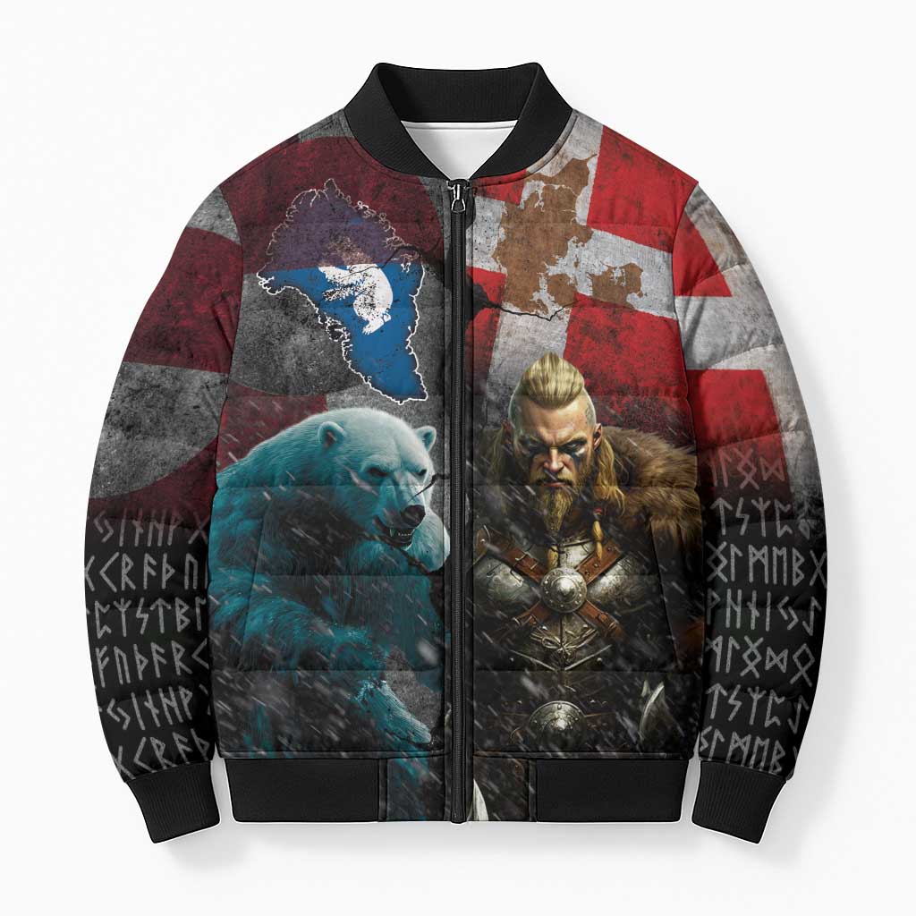 Greenlandic and Danish Together Bomber Puffer Jacket Polar Warrior Vikings with National Flag Grunge Style - Wonder Print Shop