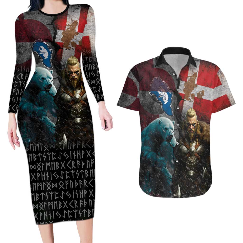 Greenlandic and Danish Together Couples Matching Long Sleeve Bodycon Dress and Hawaiian Shirt Polar Warrior Vikings with National Flag Grunge Style - Wonder Print Shop