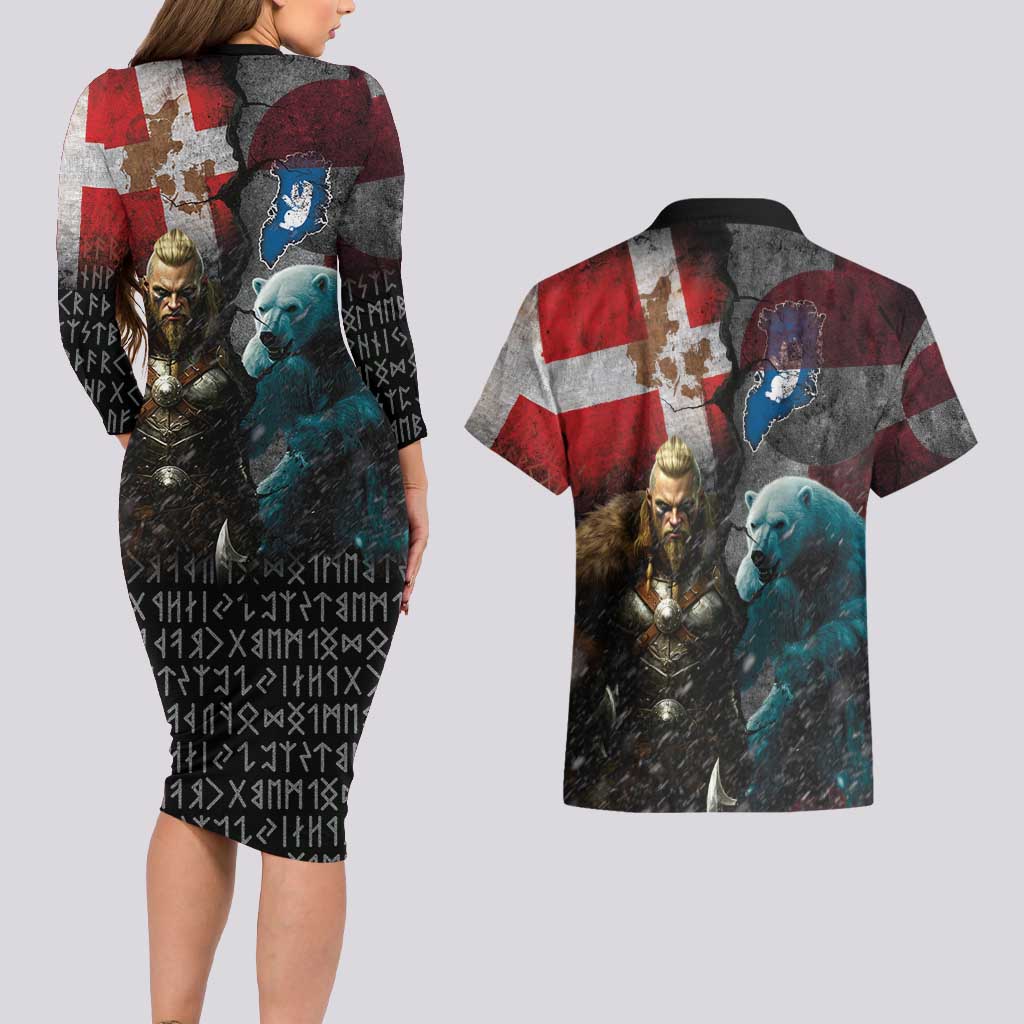 Greenlandic and Danish Together Couples Matching Long Sleeve Bodycon Dress and Hawaiian Shirt Polar Warrior Vikings with National Flag Grunge Style - Wonder Print Shop