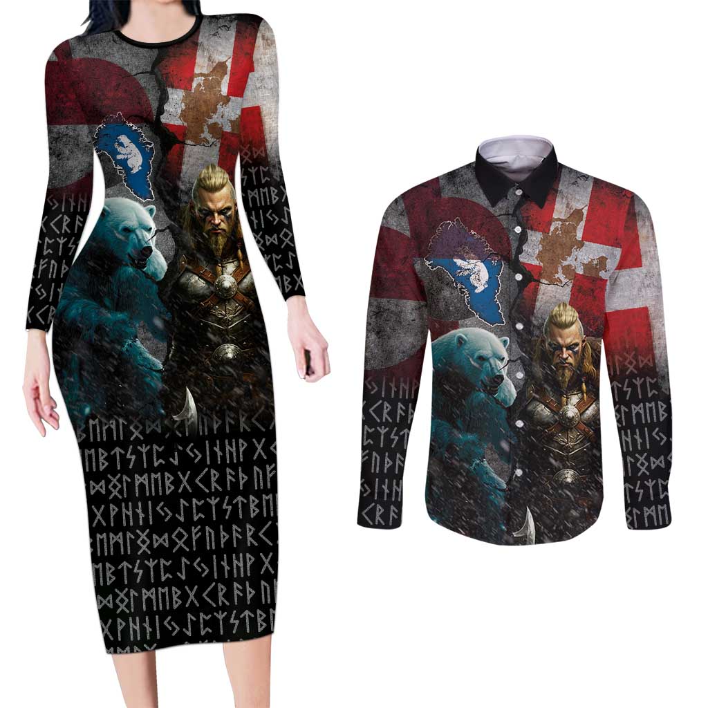 Greenlandic and Danish Together Couples Matching Long Sleeve Bodycon Dress and Long Sleeve Button Shirt Polar Warrior Vikings with National Flag Grunge Style - Wonder Print Shop