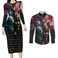 Greenlandic and Danish Together Couples Matching Long Sleeve Bodycon Dress and Long Sleeve Button Shirt Polar Warrior Vikings with National Flag Grunge Style - Wonder Print Shop