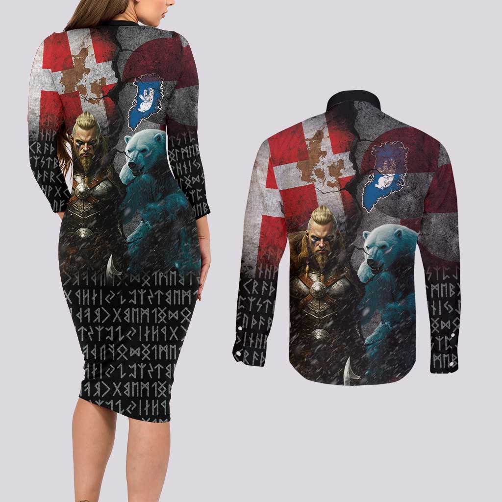 Greenlandic and Danish Together Couples Matching Long Sleeve Bodycon Dress and Long Sleeve Button Shirt Polar Warrior Vikings with National Flag Grunge Style - Wonder Print Shop