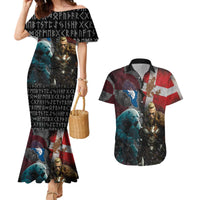 Greenlandic and Danish Together Couples Matching Mermaid Dress and Hawaiian Shirt Polar Warrior Vikings with National Flag Grunge Style - Wonder Print Shop