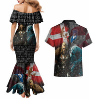 Greenlandic and Danish Together Couples Matching Mermaid Dress and Hawaiian Shirt Polar Warrior Vikings with National Flag Grunge Style - Wonder Print Shop