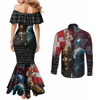Greenlandic and Danish Together Couples Matching Mermaid Dress and Long Sleeve Button Shirt Polar Warrior Vikings with National Flag Grunge Style - Wonder Print Shop