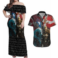 Greenlandic and Danish Together Couples Matching Off Shoulder Maxi Dress and Hawaiian Shirt Polar Warrior Vikings with National Flag Grunge Style - Wonder Print Shop