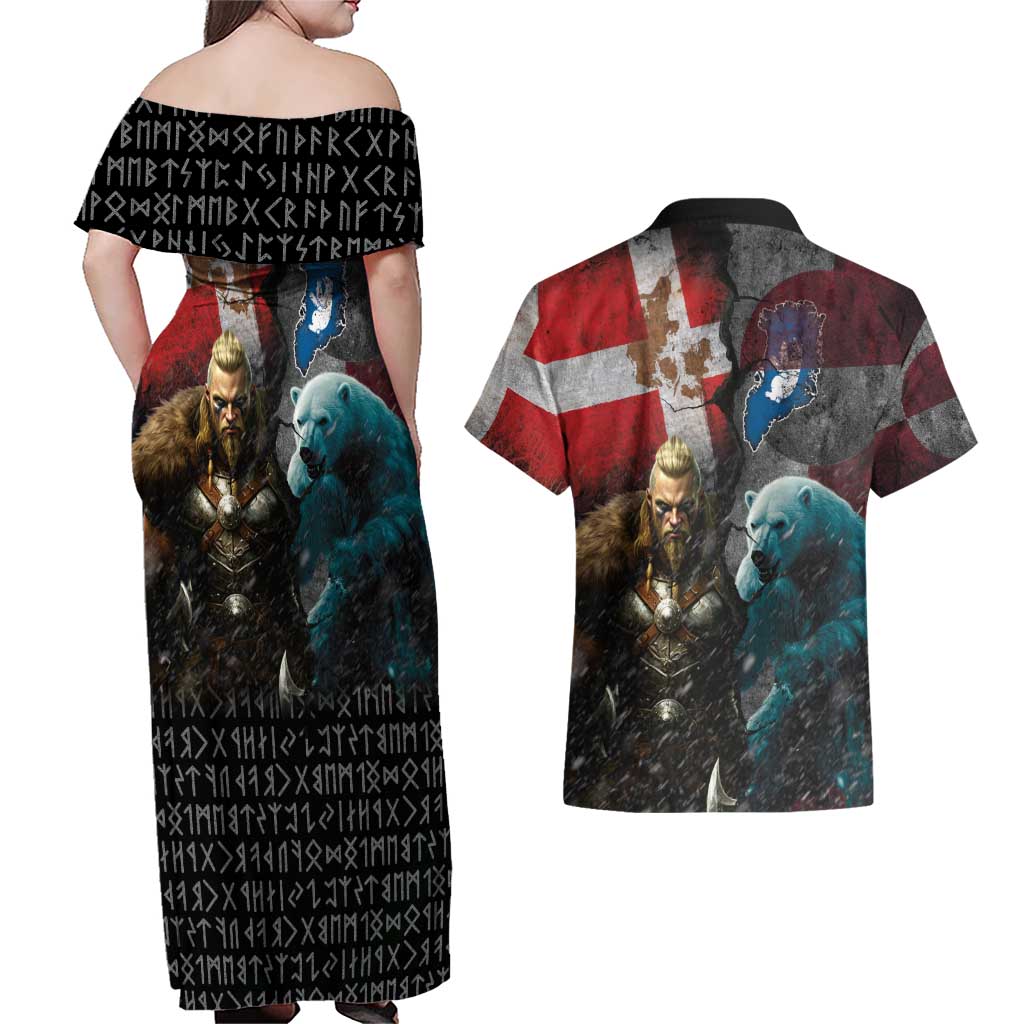 Greenlandic and Danish Together Couples Matching Off Shoulder Maxi Dress and Hawaiian Shirt Polar Warrior Vikings with National Flag Grunge Style - Wonder Print Shop