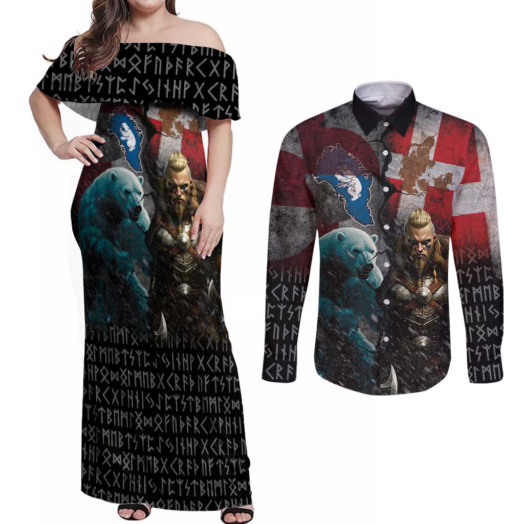 Greenlandic and Danish Together Couples Matching Off Shoulder Maxi Dress and Long Sleeve Button Shirt Polar Warrior Vikings with National Flag Grunge Style - Wonder Print Shop