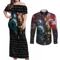 Greenlandic and Danish Together Couples Matching Off Shoulder Maxi Dress and Long Sleeve Button Shirt Polar Warrior Vikings with National Flag Grunge Style - Wonder Print Shop