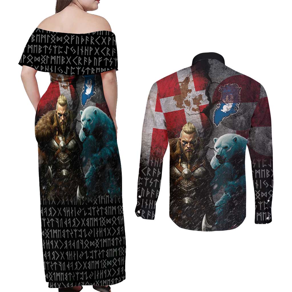 Greenlandic and Danish Together Couples Matching Off Shoulder Maxi Dress and Long Sleeve Button Shirt Polar Warrior Vikings with National Flag Grunge Style - Wonder Print Shop