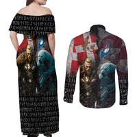 Greenlandic and Danish Together Couples Matching Off Shoulder Maxi Dress and Long Sleeve Button Shirt Polar Warrior Vikings with National Flag Grunge Style - Wonder Print Shop