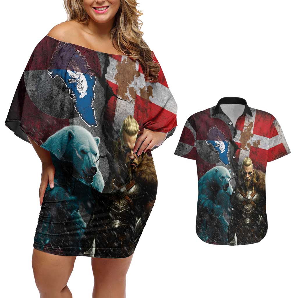 Greenlandic and Danish Together Couples Matching Off Shoulder Short Dress and Hawaiian Shirt Polar Warrior Vikings with National Flag Grunge Style - Wonder Print Shop