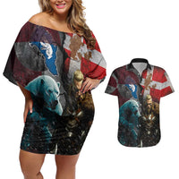 Greenlandic and Danish Together Couples Matching Off Shoulder Short Dress and Hawaiian Shirt Polar Warrior Vikings with National Flag Grunge Style - Wonder Print Shop