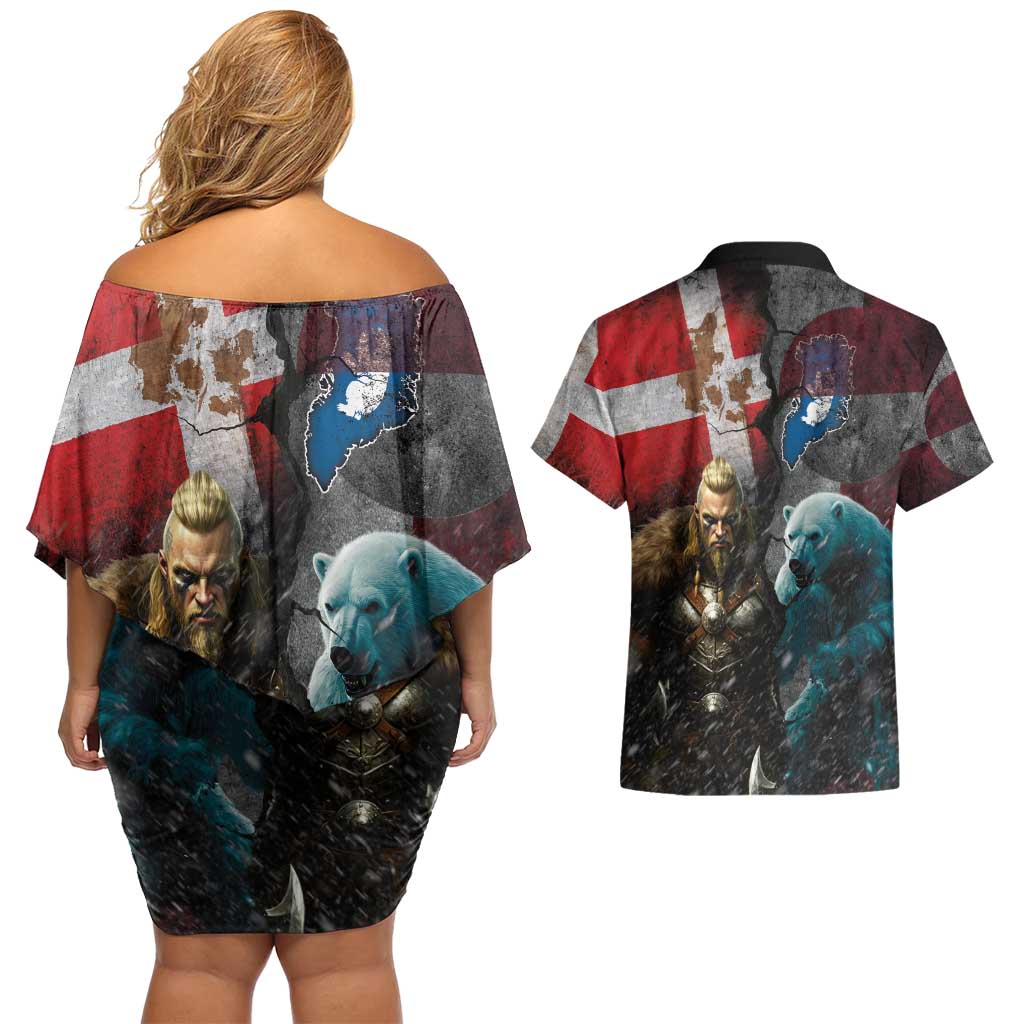 Greenlandic and Danish Together Couples Matching Off Shoulder Short Dress and Hawaiian Shirt Polar Warrior Vikings with National Flag Grunge Style - Wonder Print Shop