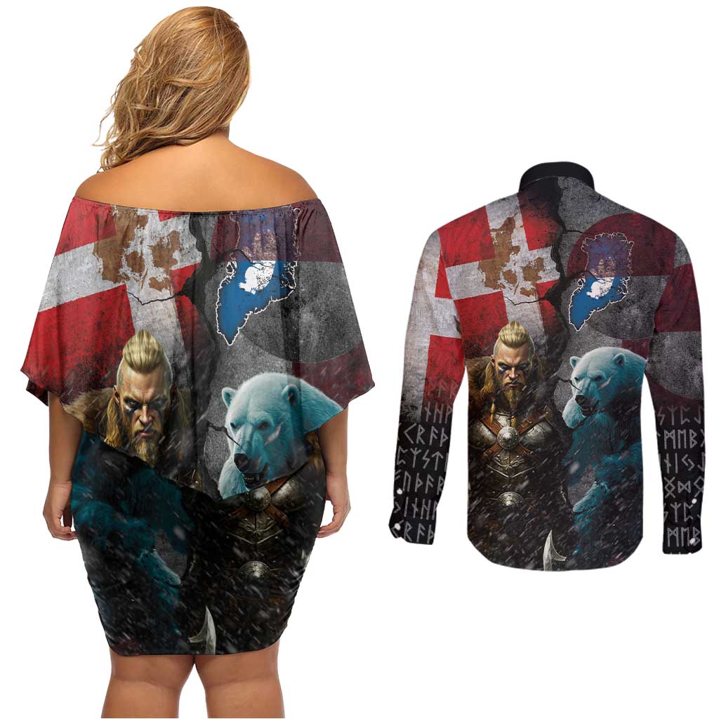 Greenlandic and Danish Together Couples Matching Off Shoulder Short Dress and Long Sleeve Button Shirt Polar Warrior Vikings with National Flag Grunge Style - Wonder Print Shop