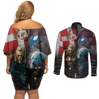 Greenlandic and Danish Together Couples Matching Off Shoulder Short Dress and Long Sleeve Button Shirt Polar Warrior Vikings with National Flag Grunge Style - Wonder Print Shop