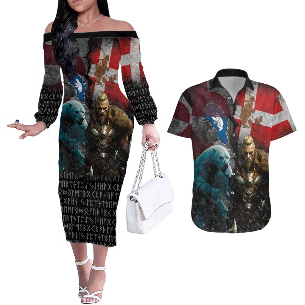 Greenlandic and Danish Together Couples Matching Off The Shoulder Long Sleeve Dress and Hawaiian Shirt Polar Warrior Vikings with National Flag Grunge Style - Wonder Print Shop