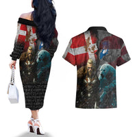 Greenlandic and Danish Together Couples Matching Off The Shoulder Long Sleeve Dress and Hawaiian Shirt Polar Warrior Vikings with National Flag Grunge Style - Wonder Print Shop