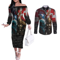 Greenlandic and Danish Together Couples Matching Off The Shoulder Long Sleeve Dress and Long Sleeve Button Shirt Polar Warrior Vikings with National Flag Grunge Style - Wonder Print Shop