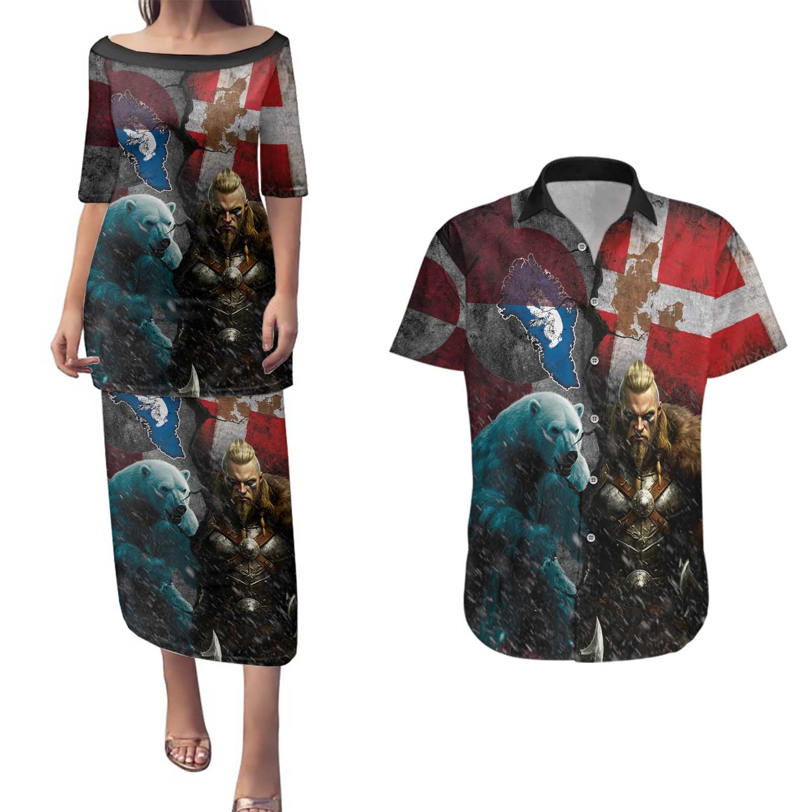 Greenlandic and Danish Together Couples Matching Puletasi and Hawaiian Shirt Polar Warrior Vikings with National Flag Grunge Style - Wonder Print Shop