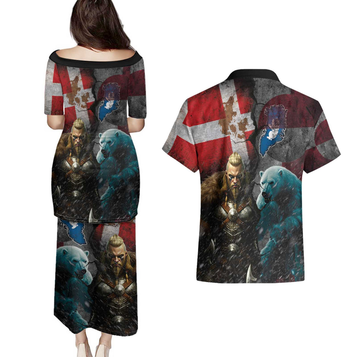 Greenlandic and Danish Together Couples Matching Puletasi and Hawaiian Shirt Polar Warrior Vikings with National Flag Grunge Style - Wonder Print Shop