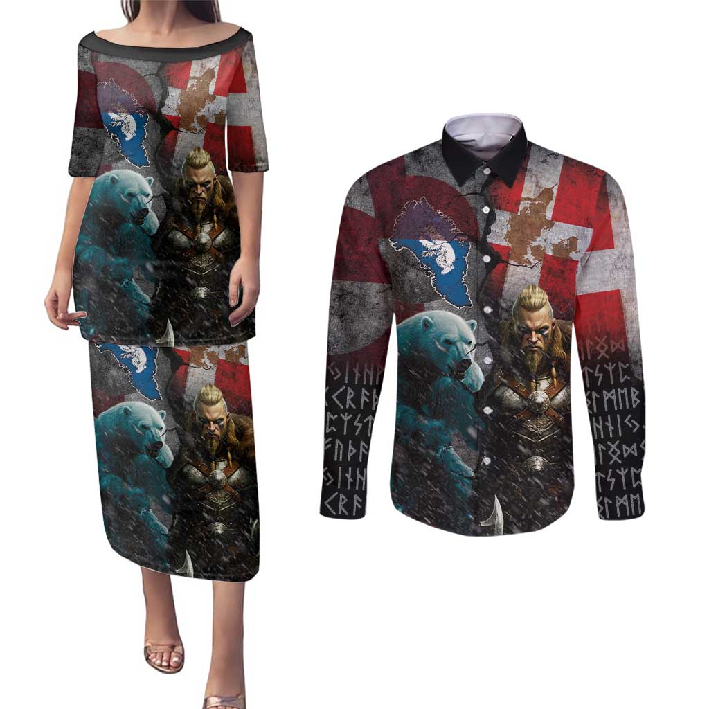 Greenlandic and Danish Together Couples Matching Puletasi and Long Sleeve Button Shirt Polar Warrior Vikings with National Flag Grunge Style - Wonder Print Shop