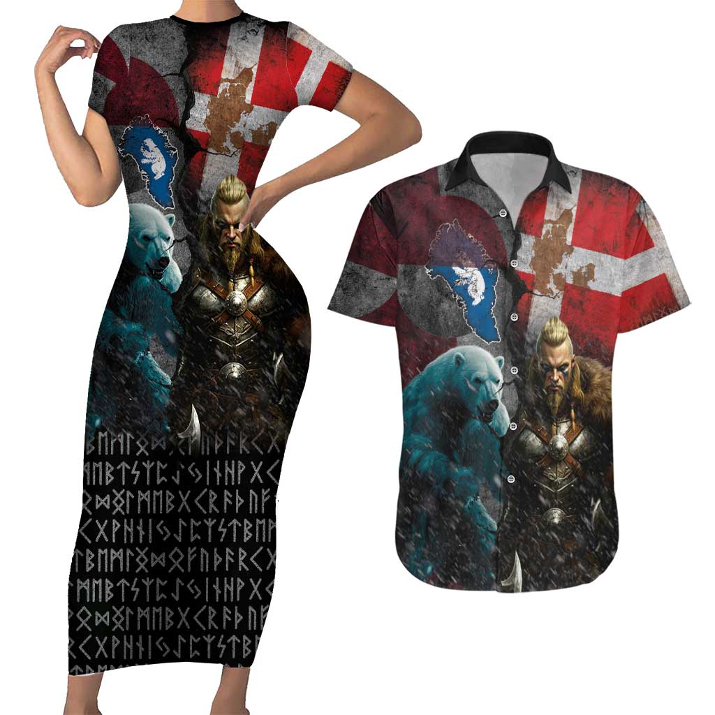 Greenlandic and Danish Together Couples Matching Short Sleeve Bodycon Dress and Hawaiian Shirt Polar Warrior Vikings with National Flag Grunge Style - Wonder Print Shop