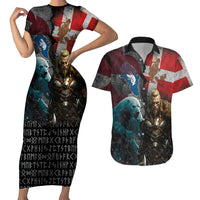 Greenlandic and Danish Together Couples Matching Short Sleeve Bodycon Dress and Hawaiian Shirt Polar Warrior Vikings with National Flag Grunge Style - Wonder Print Shop