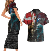 Greenlandic and Danish Together Couples Matching Short Sleeve Bodycon Dress and Hawaiian Shirt Polar Warrior Vikings with National Flag Grunge Style - Wonder Print Shop