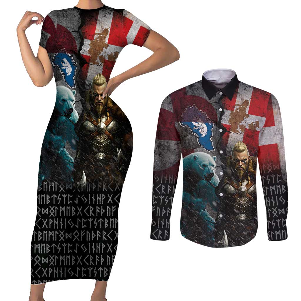 Greenlandic and Danish Together Couples Matching Short Sleeve Bodycon Dress and Long Sleeve Button Shirt Polar Warrior Vikings with National Flag Grunge Style - Wonder Print Shop
