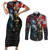 Greenlandic and Danish Together Couples Matching Short Sleeve Bodycon Dress and Long Sleeve Button Shirt Polar Warrior Vikings with National Flag Grunge Style - Wonder Print Shop