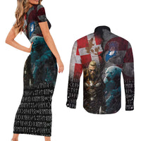 Greenlandic and Danish Together Couples Matching Short Sleeve Bodycon Dress and Long Sleeve Button Shirt Polar Warrior Vikings with National Flag Grunge Style - Wonder Print Shop
