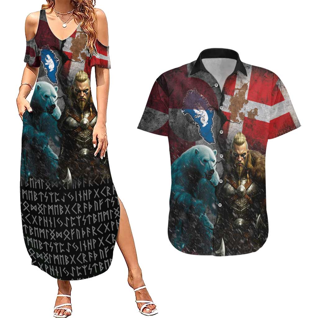 Greenlandic and Danish Together Couples Matching Summer Maxi Dress and Hawaiian Shirt Polar Warrior Vikings with National Flag Grunge Style - Wonder Print Shop
