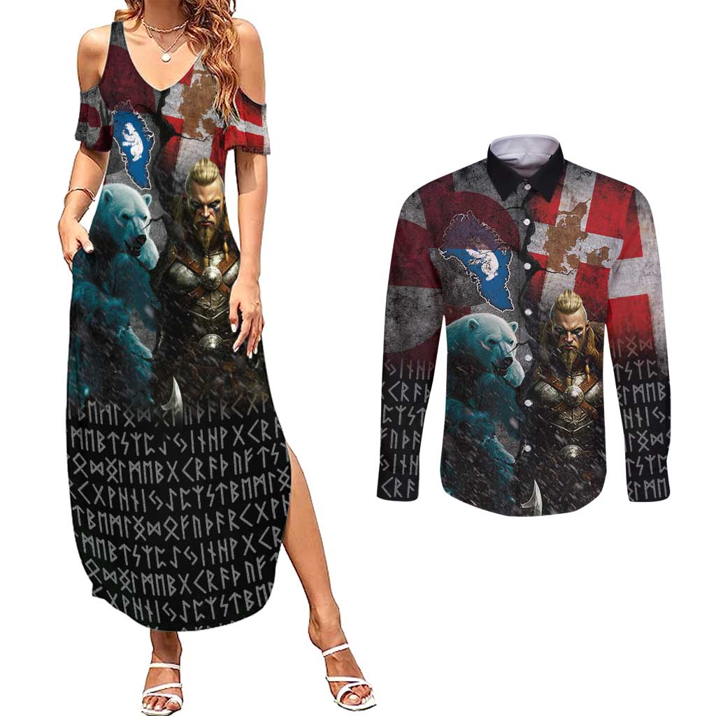Greenlandic and Danish Together Couples Matching Summer Maxi Dress and Long Sleeve Button Shirt Polar Warrior Vikings with National Flag Grunge Style - Wonder Print Shop