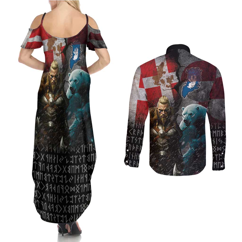 Greenlandic and Danish Together Couples Matching Summer Maxi Dress and Long Sleeve Button Shirt Polar Warrior Vikings with National Flag Grunge Style - Wonder Print Shop