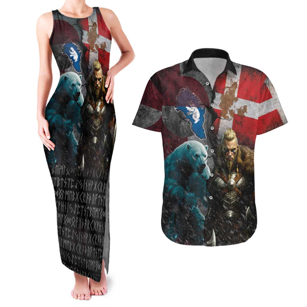 Greenlandic and Danish Together Couples Matching Tank Maxi Dress and Hawaiian Shirt Polar Warrior Vikings with National Flag Grunge Style - Wonder Print Shop