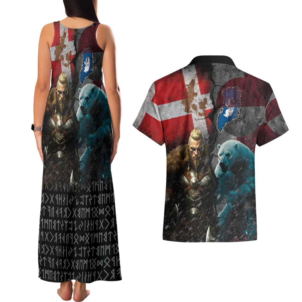 Greenlandic and Danish Together Couples Matching Tank Maxi Dress and Hawaiian Shirt Polar Warrior Vikings with National Flag Grunge Style - Wonder Print Shop
