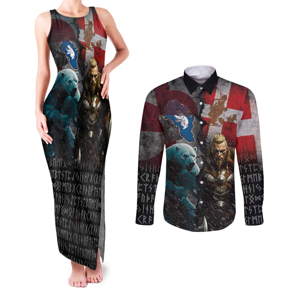 Greenlandic and Danish Together Couples Matching Tank Maxi Dress and Long Sleeve Button Shirt Polar Warrior Vikings with National Flag Grunge Style - Wonder Print Shop