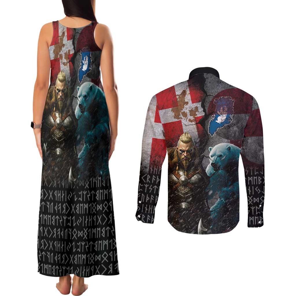 Greenlandic and Danish Together Couples Matching Tank Maxi Dress and Long Sleeve Button Shirt Polar Warrior Vikings with National Flag Grunge Style - Wonder Print Shop