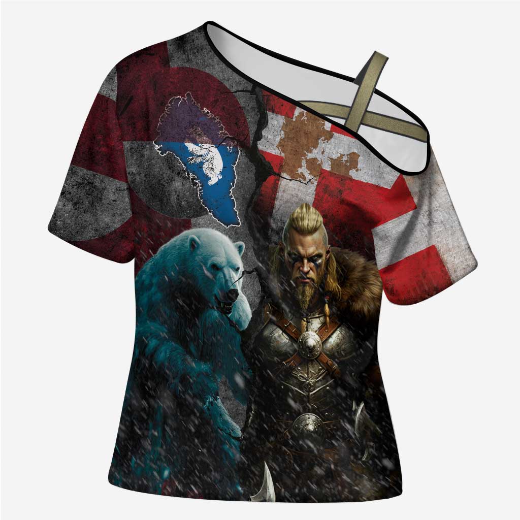 Greenlandic and Danish Together Cross Shoulder Shirt Polar Warrior Vikings with National Flag Grunge Style - Wonder Print Shop