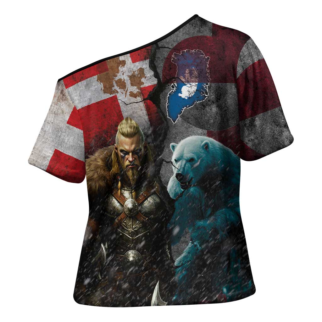 Greenlandic and Danish Together Cross Shoulder Shirt Polar Warrior Vikings with National Flag Grunge Style - Wonder Print Shop