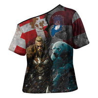 Greenlandic and Danish Together Cross Shoulder Shirt Polar Warrior Vikings with National Flag Grunge Style - Wonder Print Shop