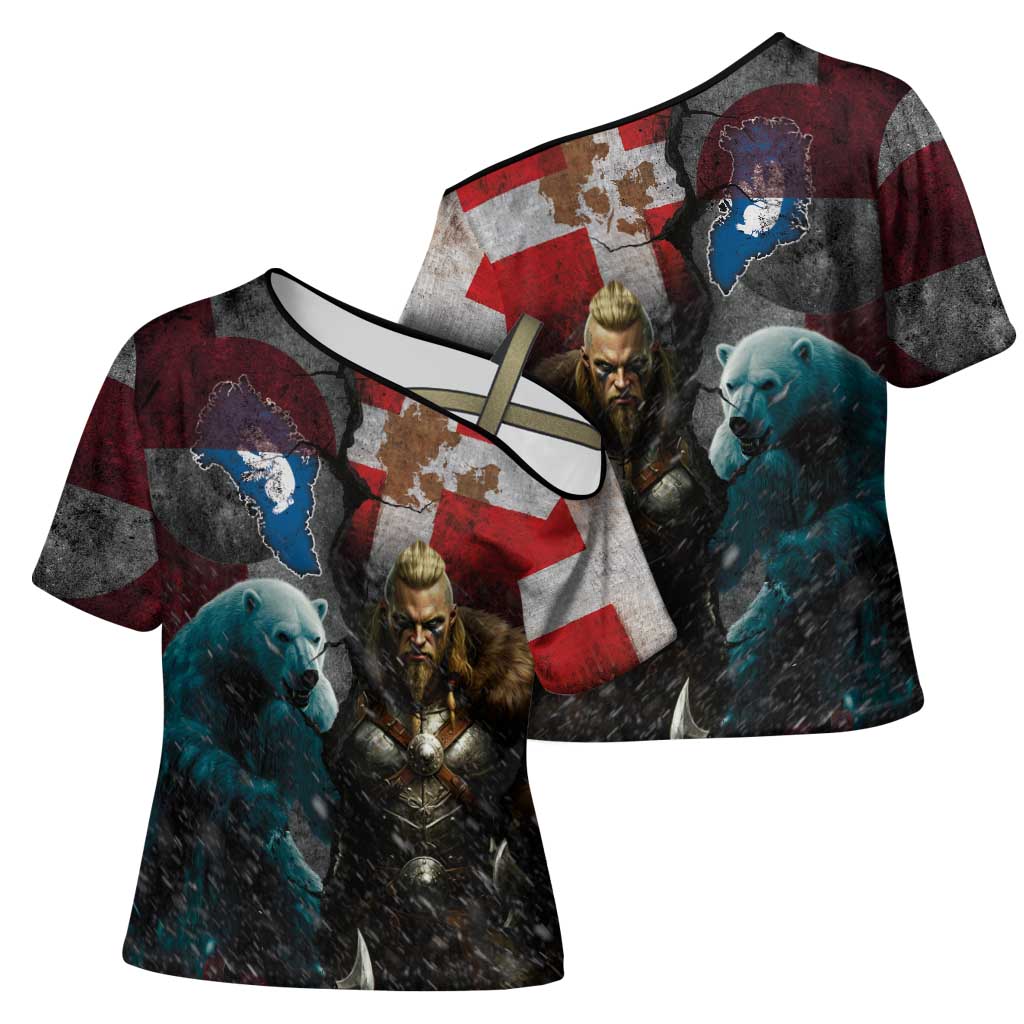 Greenlandic and Danish Together Cross Shoulder Shirt Polar Warrior Vikings with National Flag Grunge Style - Wonder Print Shop