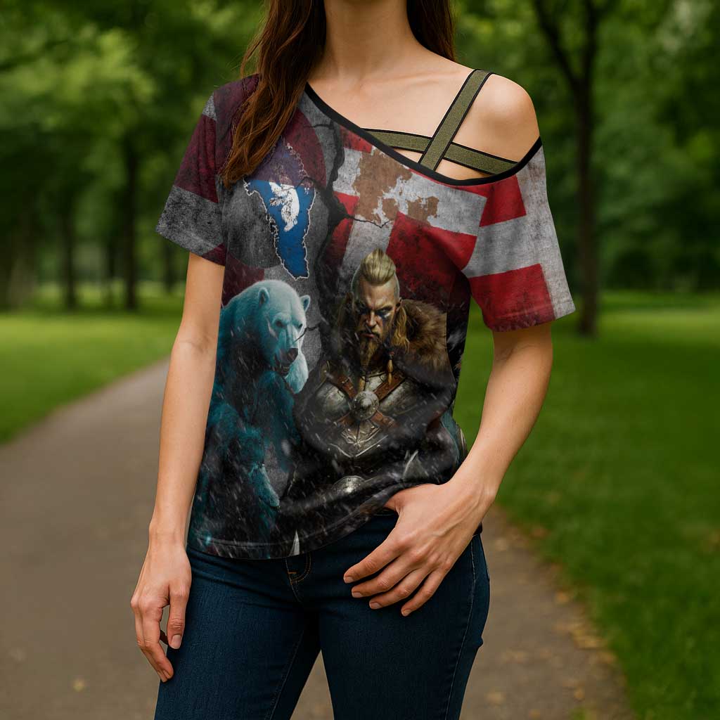 Greenlandic and Danish Together Cross Shoulder Shirt Polar Warrior Vikings with National Flag Grunge Style - Wonder Print Shop