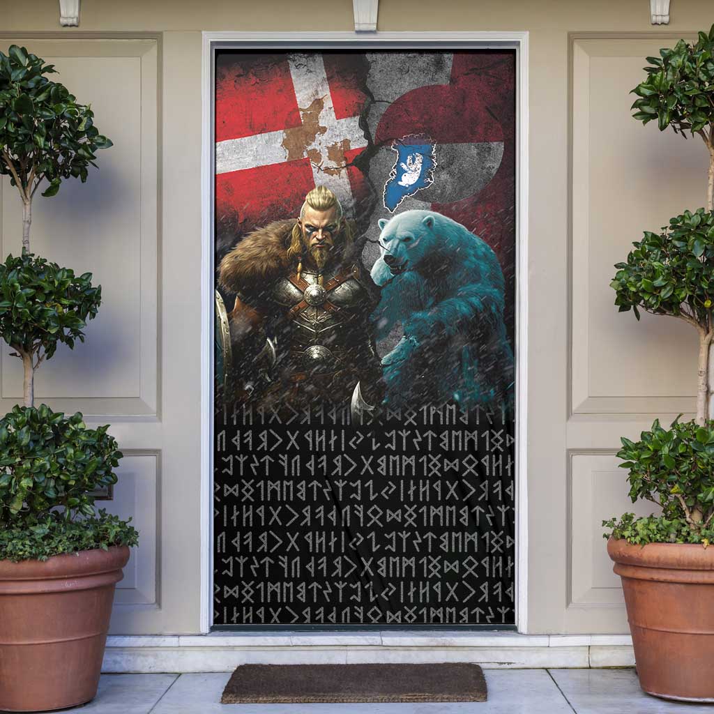 Greenlandic and Danish Together Door Cover Polar Warrior Vikings with National Flag Grunge Style - Wonder Print Shop