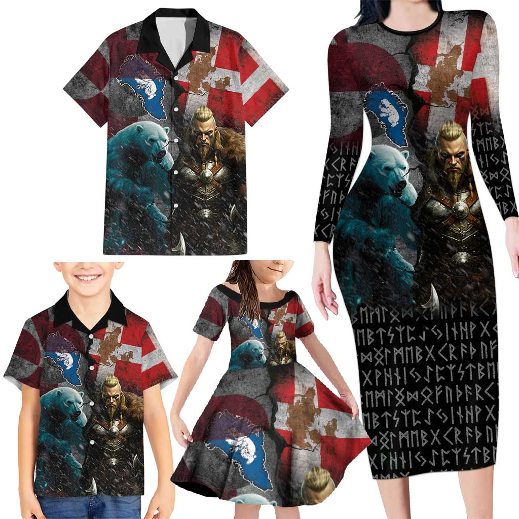 Greenlandic and Danish Together Family Matching Long Sleeve Bodycon Dress and Hawaiian Shirt Polar Warrior Vikings with National Flag Grunge Style - Wonder Print Shop