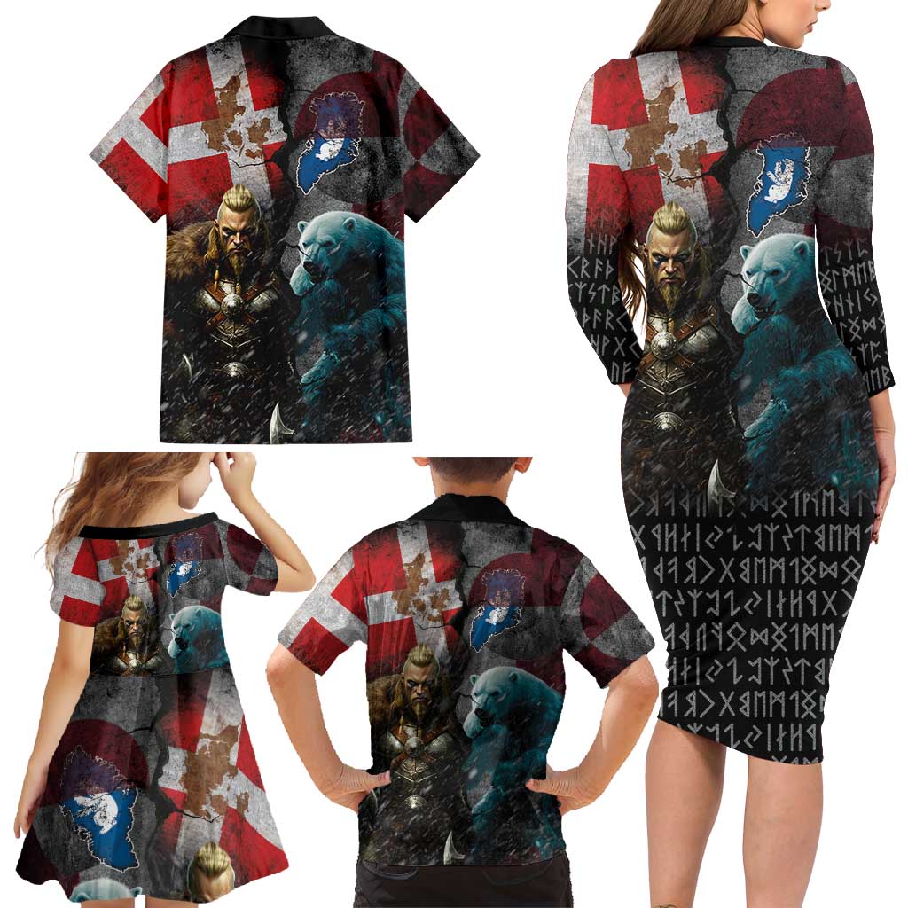 Greenlandic and Danish Together Family Matching Long Sleeve Bodycon Dress and Hawaiian Shirt Polar Warrior Vikings with National Flag Grunge Style - Wonder Print Shop