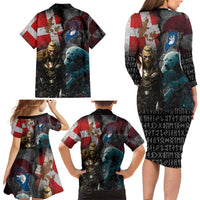 Greenlandic and Danish Together Family Matching Long Sleeve Bodycon Dress and Hawaiian Shirt Polar Warrior Vikings with National Flag Grunge Style - Wonder Print Shop